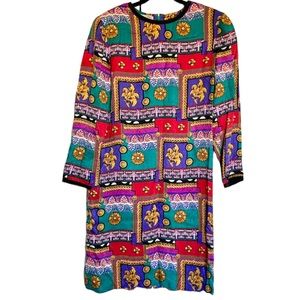 Vintage Silk Dress Adrianna Papell Scarf Bold Print Size 12 Multicolor Vibrant